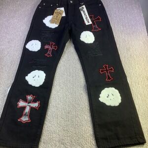 Watson Denim Jeans Cross Cloud Black Distressed Embellished Mens‎ 34 x 30 NWT